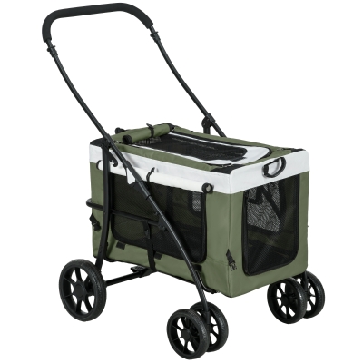 PawHut Huisdierenbuggy voor Honden en Katten, Opvouwbaar, Afneembare Mand, 81 x 58 x 97,5 cm, Zwart+Donkergroen+Wit
