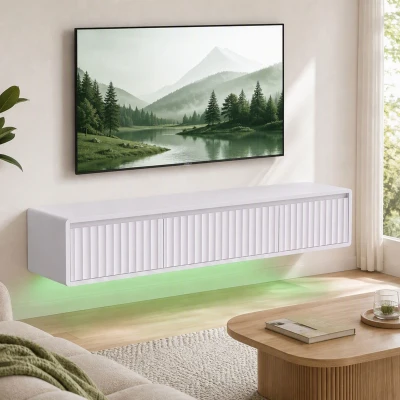HOMCOM Corp TV Suspendat Flotant 120 cm cu Iluminare LED și Prize, Mobilier TV pentru Televizor 165,1 cm, Alb