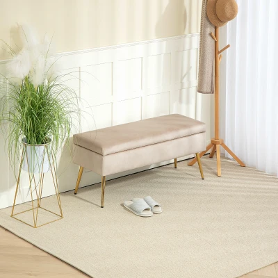 HOMCOM Banc Coffre Velours Jaune avec Pieds en Métal