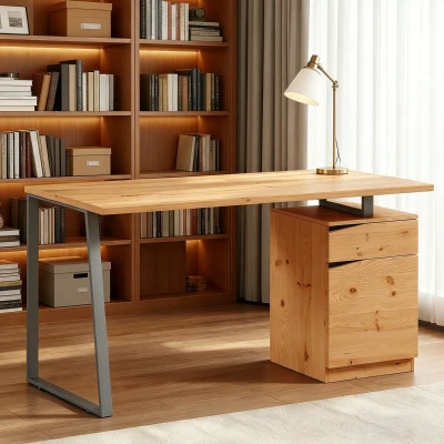 HOMCOM Bureau Bois Naturel 135x60cm Placard Tiroir Métal Industriel