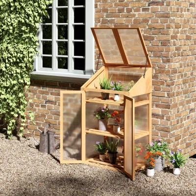 Outsunny Mini-kas, kleine kas met houten frame, ramen en dubbele deur, 3 planken, 70L x 50B x 120H cm, bruin