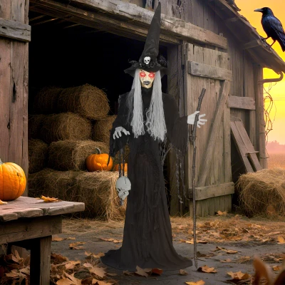 Outsunny 170 cm Halloween Decoratie Halloween Heks met LED-lichten, Geluidsfunctie verstelbare Armen, Hoofd