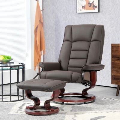 HOMCOM Relaxfauteuil met voetenbank, draaibaar & kantelbaar, bekleding van kunstleer, tot 150 kg, houten frame, bruin