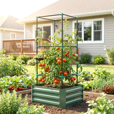 Outsunny Verhoogde plantenbak met klimrek, plantenbak met klimsteun, open bodem, weerbestendig, 61 cm x 61 cm x 140 cm, groen