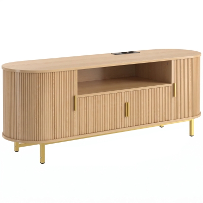 HOMCOM Comodă TV 140 cm cu 2 prize și 2 porturi, Comodă pentru 213,4 cm, 2 uși batante, 2 uși glisante, stejar