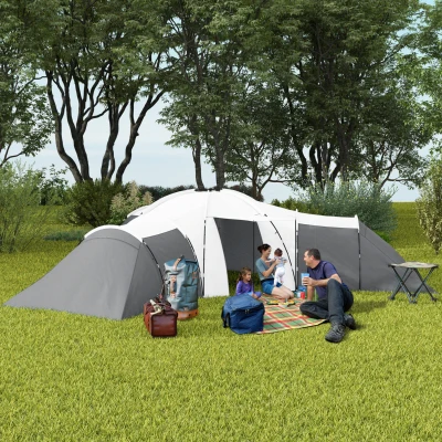 Outsunny Kampeertent voor 6-9 personen, 4 kamers, voortent, waterdicht, 615x 615x225cm, Grijs