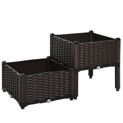 Outsunny verhoogd bed, 2-delige plantenbak met afwateringsgaten, bloembak in rotan-look, PP, bruin