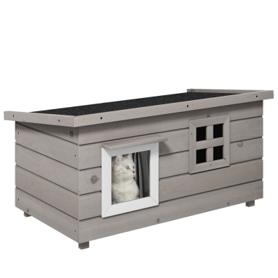 PawHut Buiten Kattenhuis Groot Modern Luxe Sparhout met Raam voor Katten Grijs Zwart