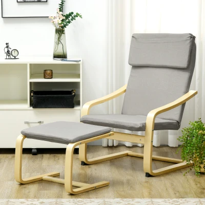 HOMCOM Loungestoel met Voetenbank, Bekleding in Linnenlook, Houten Frame, tot 120 kg, Lichtgrijs/Natuur