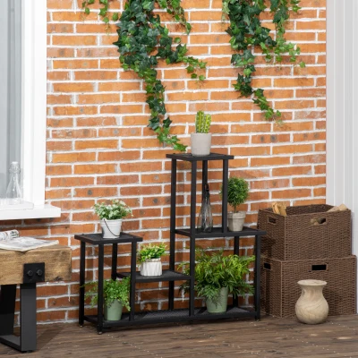 Outsunny plantenrek, plantentrap met 4 treden, bloemenrek op meerdere niveaus, plantenstandaard voor tuin, balkon, metaal, zwart, 91 x 25 x 83 cm