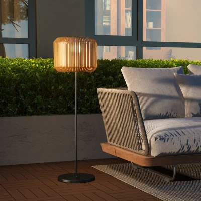 Outsunny Rieten Buitenlamp, Zonne Tuinlamp, Automatische Aan/Uit, LED, Weerbestendig, Metalen Frame, Ø34 x 130cm, Zwart/Geel