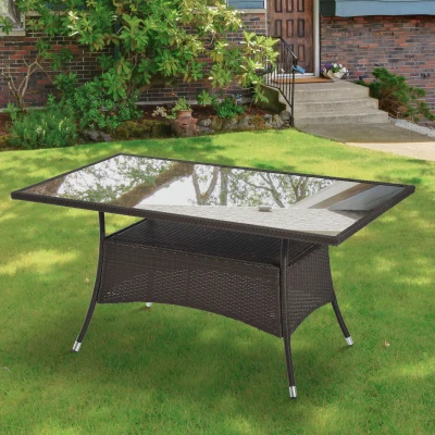 Outsunny Polyrotan tuintafel glazen tafel eettafel tuinmeubelen tafel metaal 150 x 85 x 74 cm