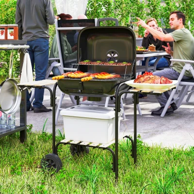 Outsunny Houtskoolbarbecue van staal, grillwagen met afsluitbare deksel, grillrooster, wielen, handgreep en houten plank, 98 x 54 x 91 cm, zwart