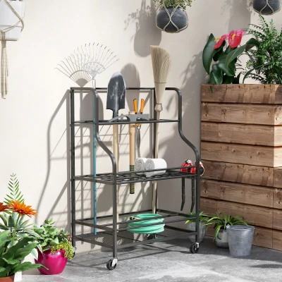 Outsunny Tuin Gereedschapsorganizer 3-Lagen Tuingereedschapsstandaard met Haken tot 40 kg Belast 77x40x97cm Zwart