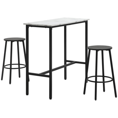 HOMCOM Barset voor 2 personen, 1 tafel met 2 barkrukken, wit marmeren blad, stalen frame