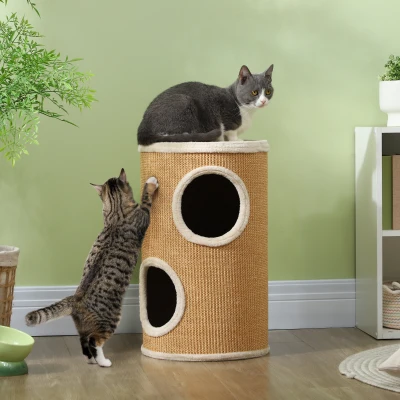 PawHut Kattenkrabton met Veel Ruimte, Pluche Overtrek, Sisal-Oppervlak, Φ35 x 60H cm, Bruin-Beige, 10 kg