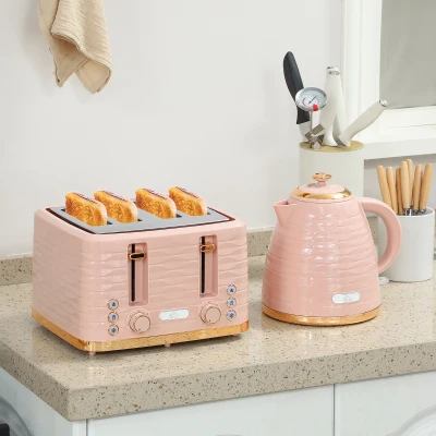 HOMCOM 2-in-1 Toaster en Waterkoker Set, 7 Bruiningsniveaus, Onthouden en Opwarmfunctie, Roze