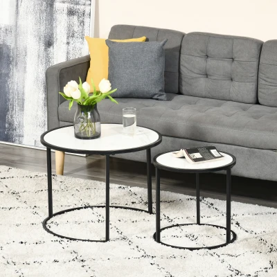 HOMCOM Lot 2 Tables Basses Rondes Bois Marbre Métal Noir
