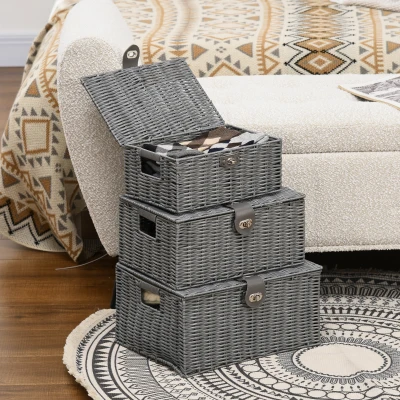 HOMCOM 3-delige Opbergmanden van PE- Rotan, met Sluiting, Handvatten, 35,5 cm x 28,5 cm x 18 cm, Grijs