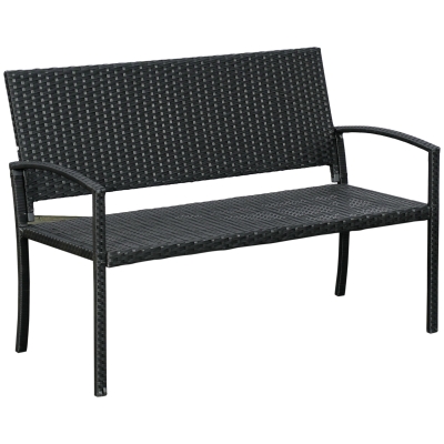 Outsunny Gartenbank, in Rattanoptik, mit Stahlrahmen, für 2 Personen, Schwarz, 122 x 60 x 85cm