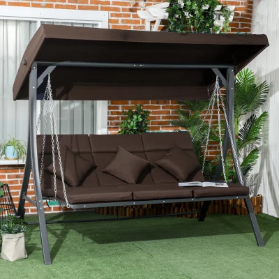 Outsunny Hollywood-schommel, voor 3 personen, verstelbaar zonnedak, tot 270 kg, bruin, 198 x 118 x 168 cm