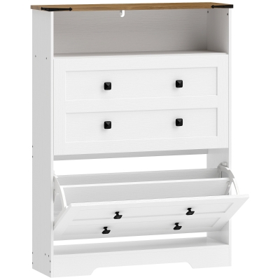 HOMCOM Shoe Cabinet 2 Flip Drawers Narrow Storage White