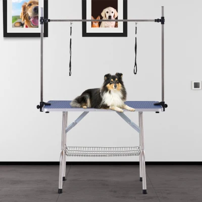 PawHut Mesa de Peluquería Canina Plegable, Mesa de Aseo con Cesta de Rejilla Metálica, Encimera Antideslizante, Barra de Acero Inoxidable Ajustable, para Perros, Gatos, 107x60x164 cm, Azul