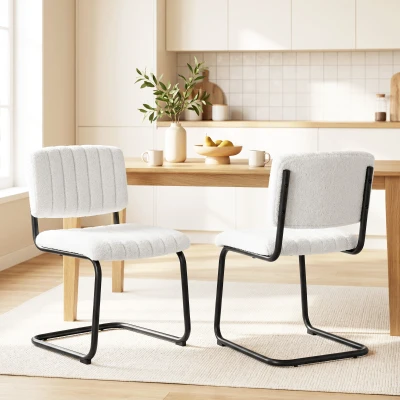 HOMCOM Eetkamerstoelen set van 2 met modern sledeframe, hoge rugleuning en teddylook, voor keuken of eettafel, crème
