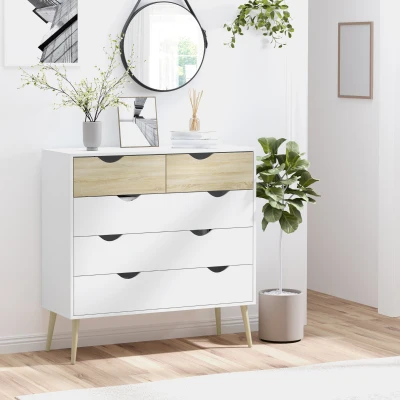 HOMCOM Cómoda para Dormitorio con 5 Cajones Patas Elevadas de Madera para Salón Oficina 99x39x101 cm Blanco y Roble