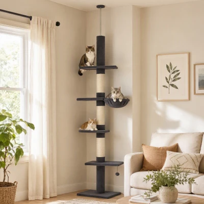 PawHut Plafondhoge krabpaal 225-255 cm, verstelbare kattenboom met 5 niveaus, 3 sisal krabpalen, hangmat en platformen