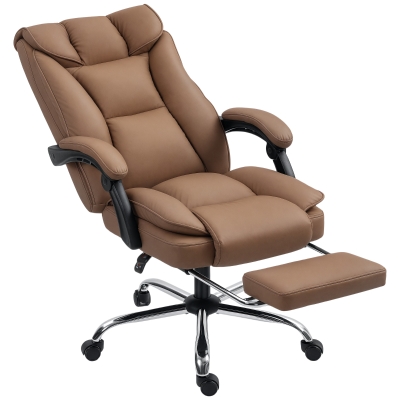 HOMCOM Silla de Escritorio con Reposapiés Respaldo Reclinable Acolchado Grueso Tapizada en Cuero Sintético Marrón