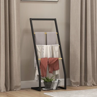 HOMCOM Toallero de Pie con 4 Barras de Bambú y Acero para Baño Lavadero 40,5x28x98 cm Negro y Natural