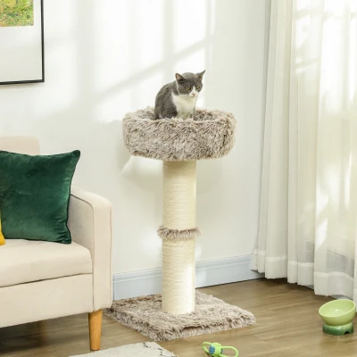 PawHut Kattenboom, 87 cm, Kattentoren met Dikke Krabpaal, Pluchebed, Binnen, Draagt tot 6 kg, Bruin
