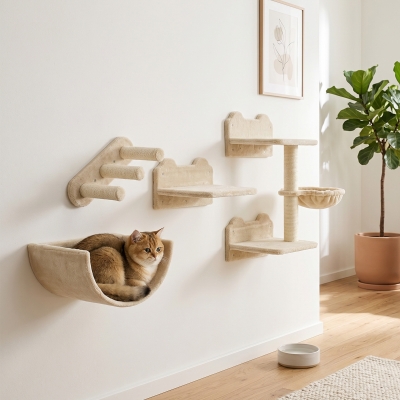 PawHut 4PC Cat Shelves Set with Scratching Post, Nest - Beige