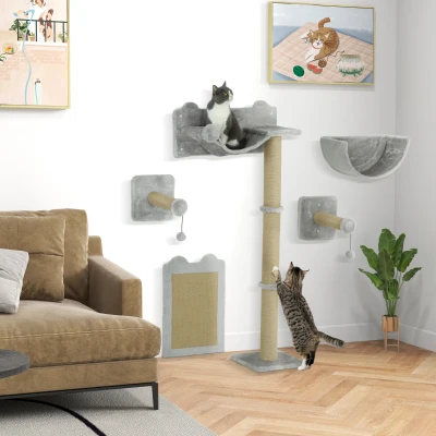 PawHut 5-delig wandgemonteerd klimset voor huiskatten met krabpalen, krabmat, kattenbed, speelballen, Lichtgrijs