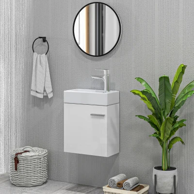 HOMCOM Mueble de Baño con Lavabo de Pared con Puerta con Cierre Suave y Armario 40x23x50 cm Blanco Brillante