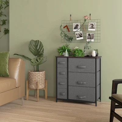 HOMCOM Kommode mit 7 faltbaren Stoffschubladen, Vlies, Metallgestell, 63,5 x 30 x 71 cm, Dunkelgrau