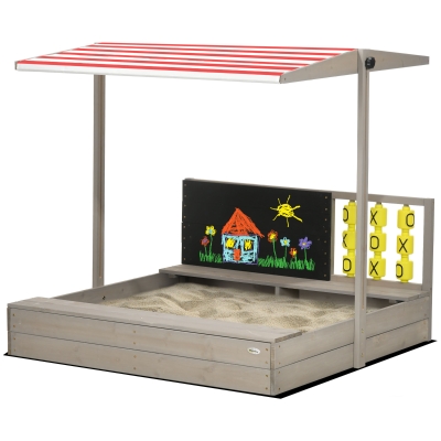 Outsunny Kids Wooden Sandpit with Canopy & Seats Grey