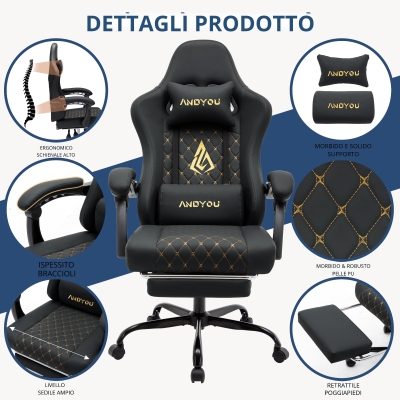 Sedia da gaming con poggiapiedi, Nero