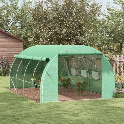 Outsunny Bezoekbare Foliekas, Tuinkas, met Netramen, Metalen Frame, 4x3x2m, Groen