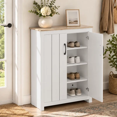 HOMCOM Schuhschrank 4 Ebenen 12 Paar Schuhschrank 2 Türen und verstellbare Einlegeböden 80x32,8x105cm Eiche und Weiß