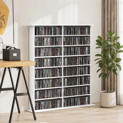 HOMCOM Mediarek, 8 niveaus, dvd-rek met 12 verstelbare planken, 16 vakken, voor 720 cd's, wit