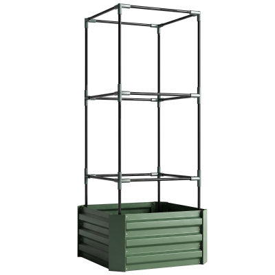 Outsunny Verhoogde plantenbak met klimrek, plantenbak met klimsteun, open bodem, weerbestendig, 61 cm x 61 cm x 140 cm, groen