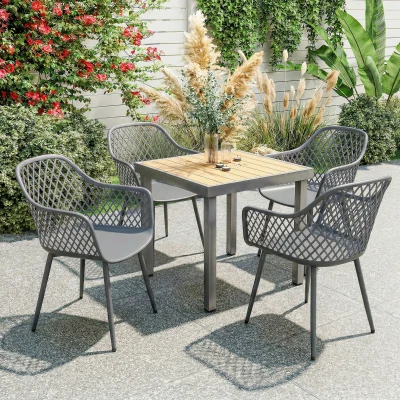 Outsunny Set van 4 tuinstoelen UV-bestendige kunststof tuinstoelen met armleuning en rugleuning 56 x 51 x 84 cm Donkergrijs