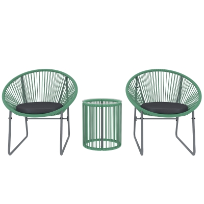 Outsunny 3-delig outdoor meubelset: 1 tafel, 2 stoelen, glazen tafelblad, kunststof-rattan rond stalen frame, zachte kussens, groen