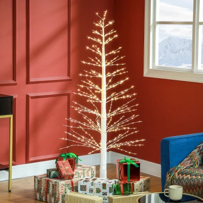 AOSOM Kunstkerstboom met LED-verlichting, 180 cm hoge kerstboom, realistische schors, Wit