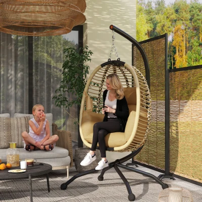 Outsunny Silla Colgante con Soporte Cesta Plegable Cojín y Reposacabezas para Interior y Exterior Carga 120 kg Beige
