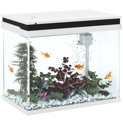 PawHut 41 Liter Glas-Aquarium met Filtersysteem, LED-Verlichting, Waterpomp, voor Diverse Vissoorten, Wit