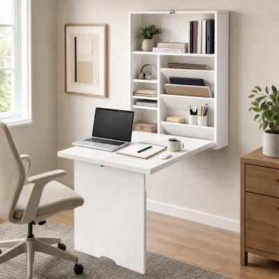 HOMCOM Bureau Pliable Mural avec Étagères Blanc 93,8x60x147 cm