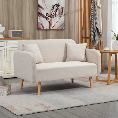 HOMCOM 2-zitsbank, Moderne Design Bank, inclusief 2 kussens, houten poten, 130 x 70 x 80 cm, Crème